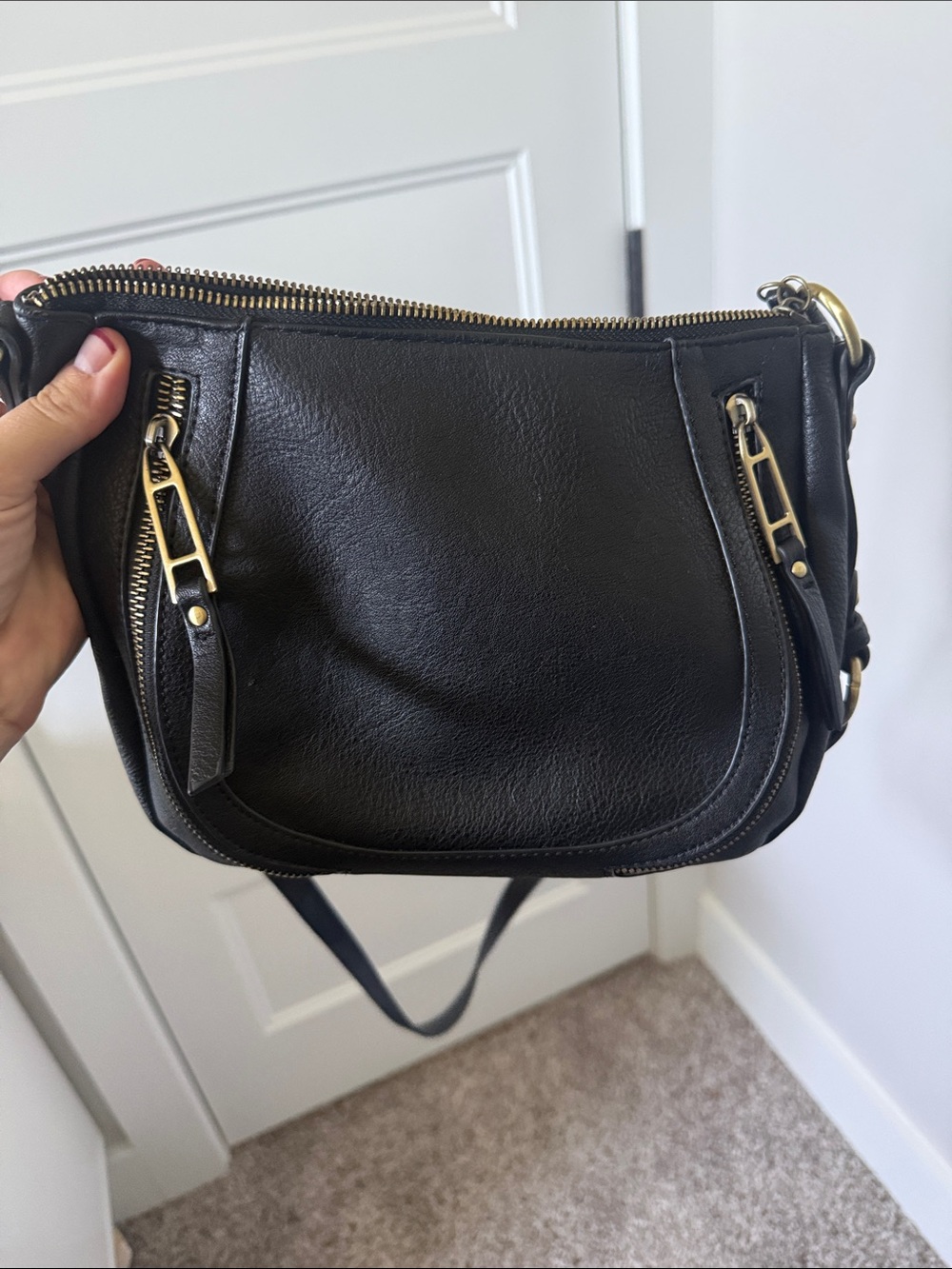 Anthropologie Black Leather Crossbody with Brass Accents